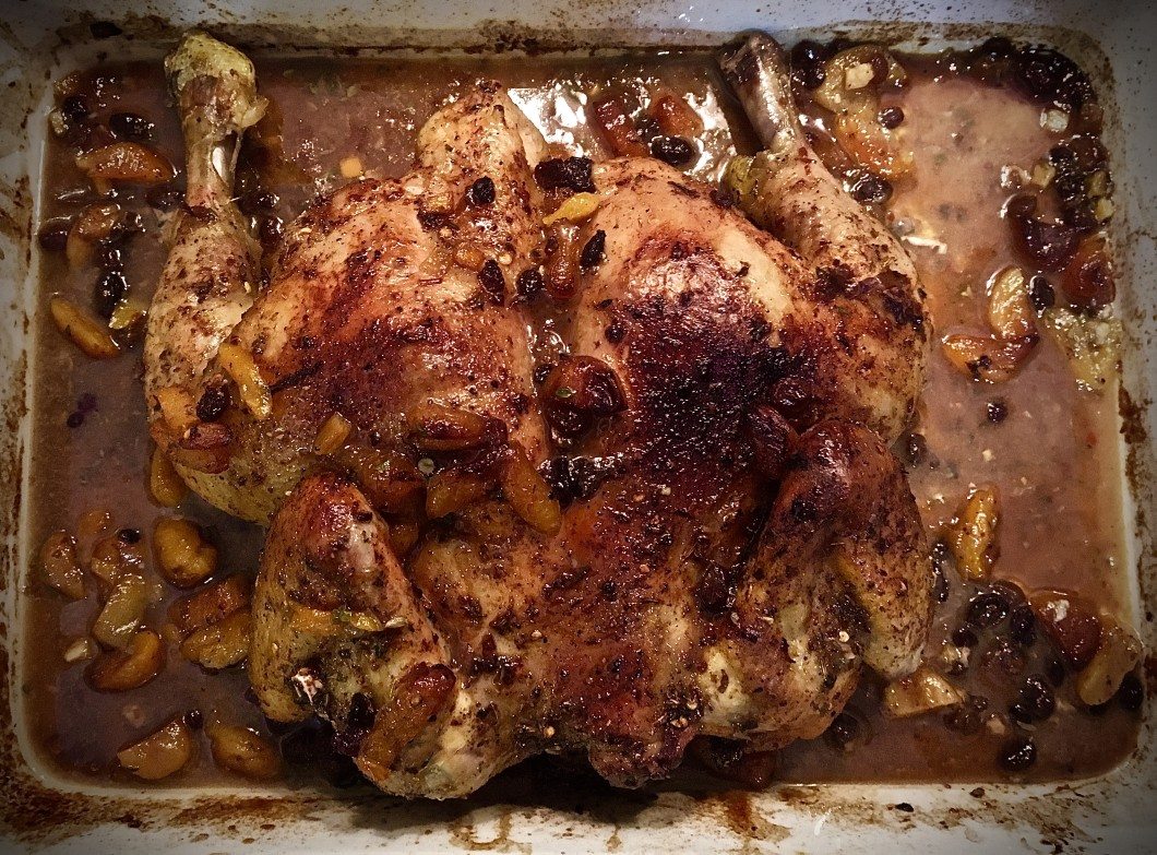 Braised Sommerlad chicken with apricots, currants & tamarind