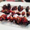 Charred Sommerlad chicken hearts skewered and grilled over open flame