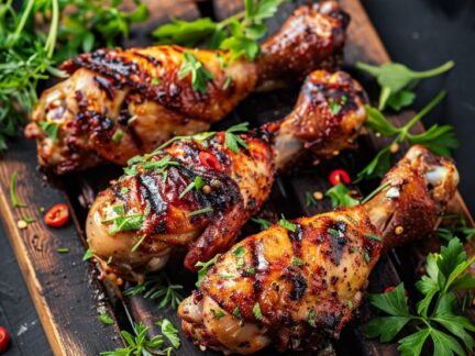 Three grilled chicken drumsticks topped with fresh herbs and chilli on a wooden board.