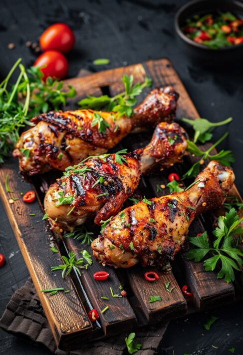 Three grilled chicken drumsticks topped with fresh herbs and chilli on a wooden board.