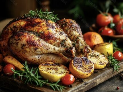 Heritage chicken roasting in a pot with golden potatoes and lemon wedges