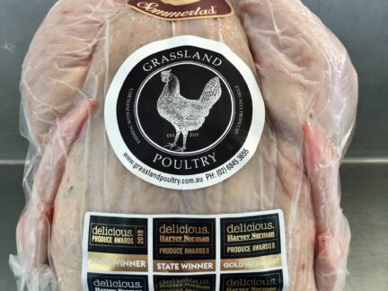 Packaged Sommerlad heritage chicken with award seals, ready for home delivery.